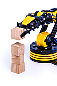 Robotic arm with wooden blocks