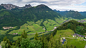 Green fields and trees in the Swiss Alps