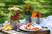 Colourful table set with tagetes and zinnias in the garden