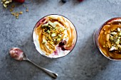 Summer berries yoghurt fools dessert with buckwheat honey