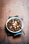 Lentils with pumpkin and smoked pork loin