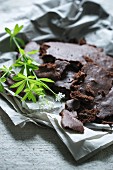 Vegan chocolate cake with fresh upright bedstraw (galium mollugo)