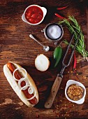 Homemade hot dog with ingredients mustard, tomato sauce, onion, chili pepper, rosemary