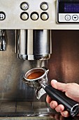 Siebträger mit frisch gemahlenem Kaffee in Kaffeemaschine einsetzen