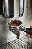 Siebträger mit frisch gemahlenem Kaffee in Kaffeemaschine einsetzen