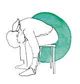 Illustration einer Frau bei Rückengymastik-Übung 'Kutschersitz'