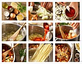 Pasta with tomato sauce and smoked tofu being made