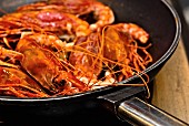 Fried king prawns in a pan