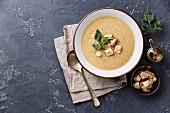 Cream-soup with porcini mushroom with croutons on dark stone background