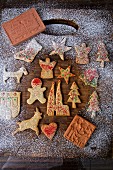 Verschiedene weihnachtliche Lebkuchenplätzchen aus antiken Ausstechförmchen