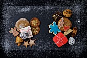 Various Christmas cookies on a dark background