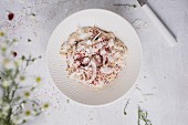 Overnight oats or bircher muesli with coconut and cranberries (Breakfast) seen from above