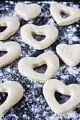 Yeast dough hearts, unbaked