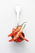 Fresh sliced red chili peppers on a silver spoon with a white background and space for text