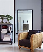 Wicker armchair with leather seat cushions next to stacked books and Bonsai tree on open shelves