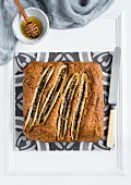 High fibre banana cake drizzled with honey