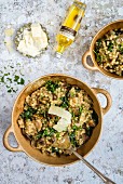 Giant couscous risotto with wild mushrooms, spinach, chestnuts, Parmesan and truffle oil