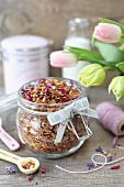 Homemade granola with coconut, sunflower and pumpkin seeds in a jar