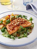 Single serving of smoked salmon tail with sauteed potatoes and apples editorial food