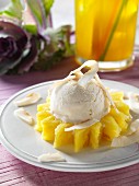 A scoop of coconut ice cream on pineapple ring editorial food