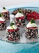 Beetroot rissotto cakes with goats cheese and salsa verde