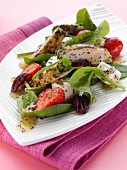 Grilled chicken with feta cheese strawberries pecans baby spinach salad with honey mustard and poppyseed dressing