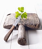 An old wooden board with a knife and flat leaf parsley