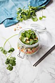 Layered salad with rice noodles, tofu, carrot, celery, coriander, sesame seeds and peanuts