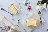Slices of chiffon cake on marble table