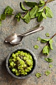 Mushy peas mint sauce and fresh mint