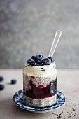 Chia and bluberry layered pudding with greek yoghurt, close up