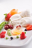 Plate of cheeses vegetables and fresh fruit (Italy)