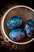 Three plums in a colander