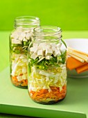 Vegetable soup with tofu in glass jars (Asia)