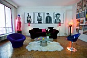 Pop-art style and herringbone parquet floor in colourful living room of period apartment