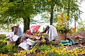 Basket and plates for autumn picnic on tree stump seats