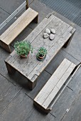 Top view of garden table and benches made from reclaimed wood