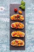 Bruschetta with colourful tomatoes and basil