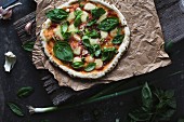 Homemade pizza with tomato, bocconcini and basil