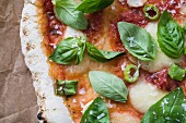 Selbstgemachte Pizza mit Tomaten, Bocconcini und Basilikum