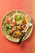 A lentil salad with shrimps and peppers