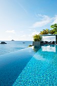 Luxurious infinity pool next to sea below blue sky