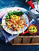 Prawn skeweres with pineapple-jalapeno salsa