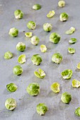 Strewn brussels sprouts on a metal sheet