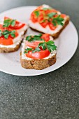 Bruschetta topped with cottage cheese and tomatoes