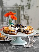 Sliced blueberry cheesecake with orange on a cake stand (USA)
