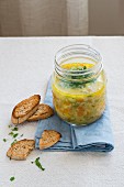 Icelandic soup with oatmeal and vegetables in a glass jar