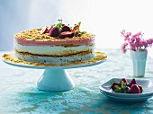 A cream cake with biscuit crumbs and strawberry cream
