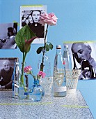 Wasserflaschen als Blumenvasen vor blauer Wand mit Fotos