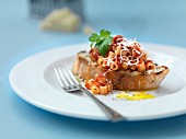 Pasta with tomato sauce and grated cheese on grilled bread